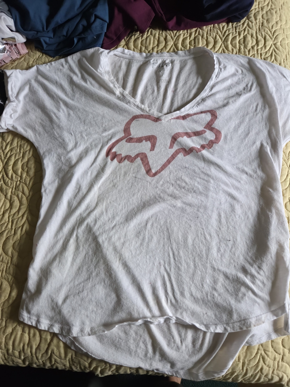 Fox White V-Neck Tee with Faded Pink Logo